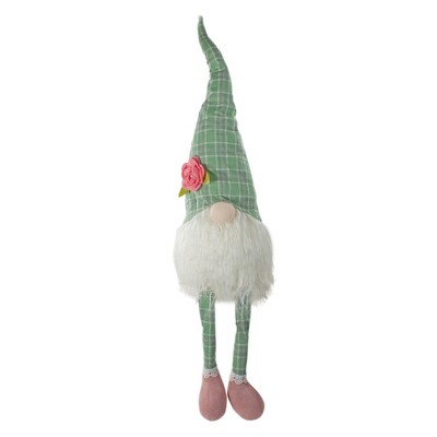 Northlight Spring Floral Plaid Gnome Figure with Dangling Legs - 28" - Green and White