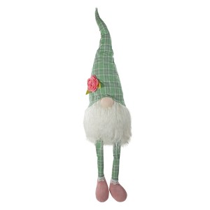 Northlight Spring Floral Plaid Gnome Figure with Dangling Legs - 28" - Green and White - 1 of 4