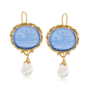 Ross-Simons Italian Cultured Pearl and Blue Venetian Glass Intaglio Drop Earrings in 18kt Gold Over Sterling - 1 of 4
