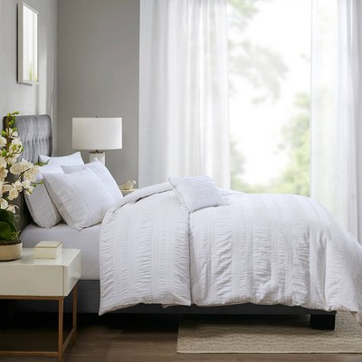 Nicolette White Cotton Seersucker Queen Duvet Cover Set