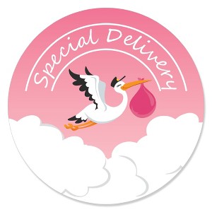 Big Dot of Happiness Girl Special Delivery - Pink It's A Girl Stork Baby Shower Circle Sticker Labels - 24 Count - 1 of 4
