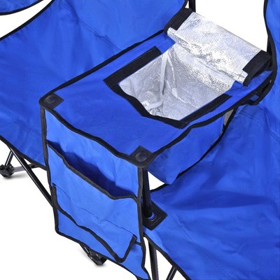 Blue Double Folding Camping Chair with Umbrella and Cooler