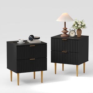 Nightstand with 2 Drawers, Golden and Wood Fluted Night Stand with Charging Station, Bedside Table with USB Ports and Outlets, for Bedroom - 1 of 4