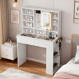 White 2-drawer 3-compartment Left-right 3-tier Shelf, Glass Tabletop, Side Panel Storage Style Dressing Table - 1 of 4