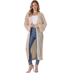 INSPIRE CHIC Women's Crochet Long Bell Sleeve Hollow Out Open Front Loose Long Sweater Cardigan - 1 of 4