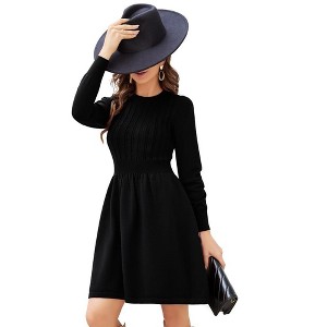 Women Long Sleeve Knitted Crewneck High Waist A-Line Cute Mini Sweater Dress - 1 of 4