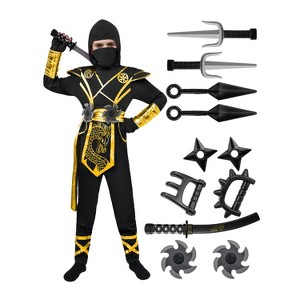 Joyfy Halloween Ninja Costume for Kids Black Golden Ninja Dragon Jumpsuit Set – Boys Halloween Dress-Up & Role-Play Party Outfit - 1 of 4