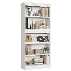 71" Farmhouse Bookcase w/ Double Fluted Design, 5 Tier Tall Bookshelf with Wooden Base, Rustic Vintage Wooden Bookshelf for Office Library - 1 of 4
