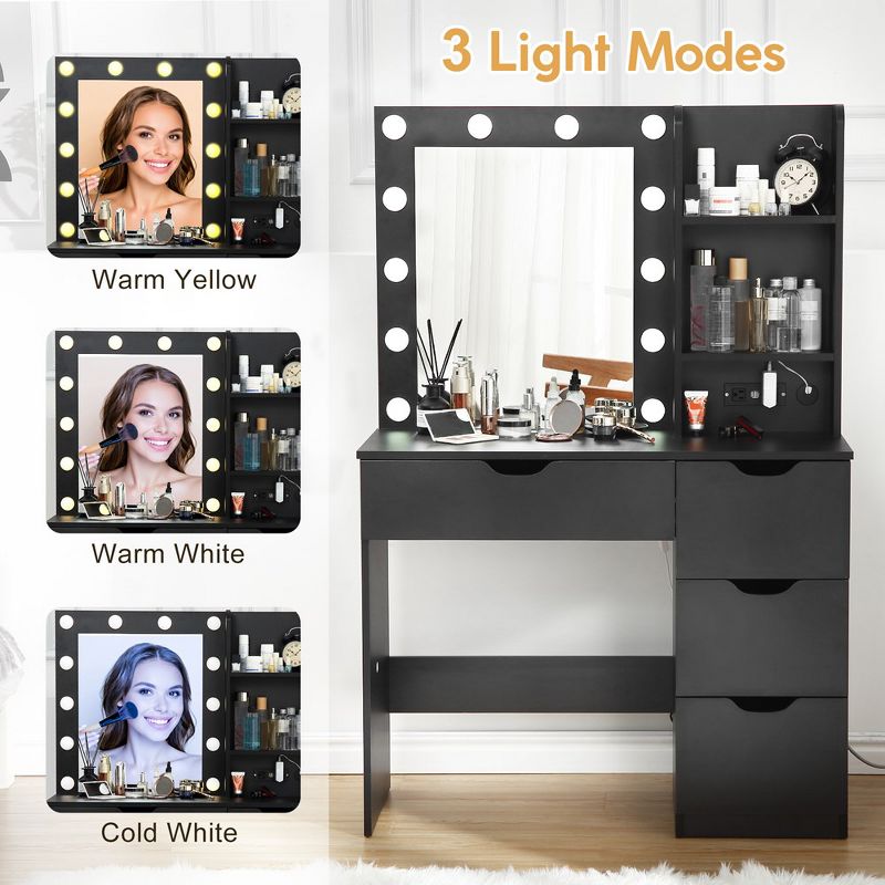 Makeup Vanity with Drawers, Black Dressing Table with Mirror and Lights in 3 Colors 12 LED, 4 of 7