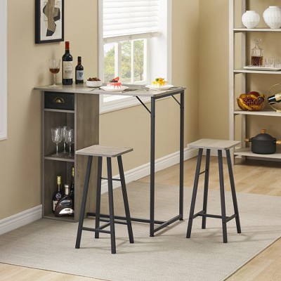 Small Bar Table and Chairs Set for 2, 3-Piece Bar Table Set with Storage Drawer & Shelf, Space Saving Table for Small Apartment, Dining Room,Grey