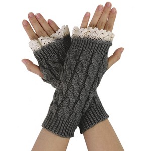 Unique Bargains Pair Women's Winter Lace Trim Fingerless Thumbhole Stretchy Knitted Gloves - 1 of 4
