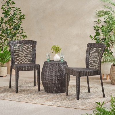 Christopher Knight Home Mick 3 Piece Patio Set with Stackable Rattan Dining Chairs and 19" Side Table
