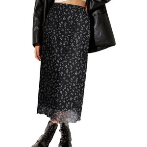 Floral Mesh Boho Midi Skirt - Women's High Waist A-Line Skirt with Lettuce Trim Navy Black - 1 of 4
