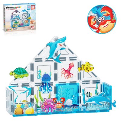 PICASSO-TILES 26 PC Marine Themed, Magnetic Tiles, Building Blocks, STEM Toys for Kids 3+