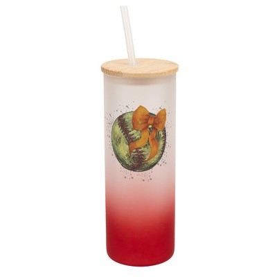 Elanze Designs 25 Ounce Frosted Glass Gradient Travel Tumbler With Straw and Wooden Lid, Softball With Orange Bow Red