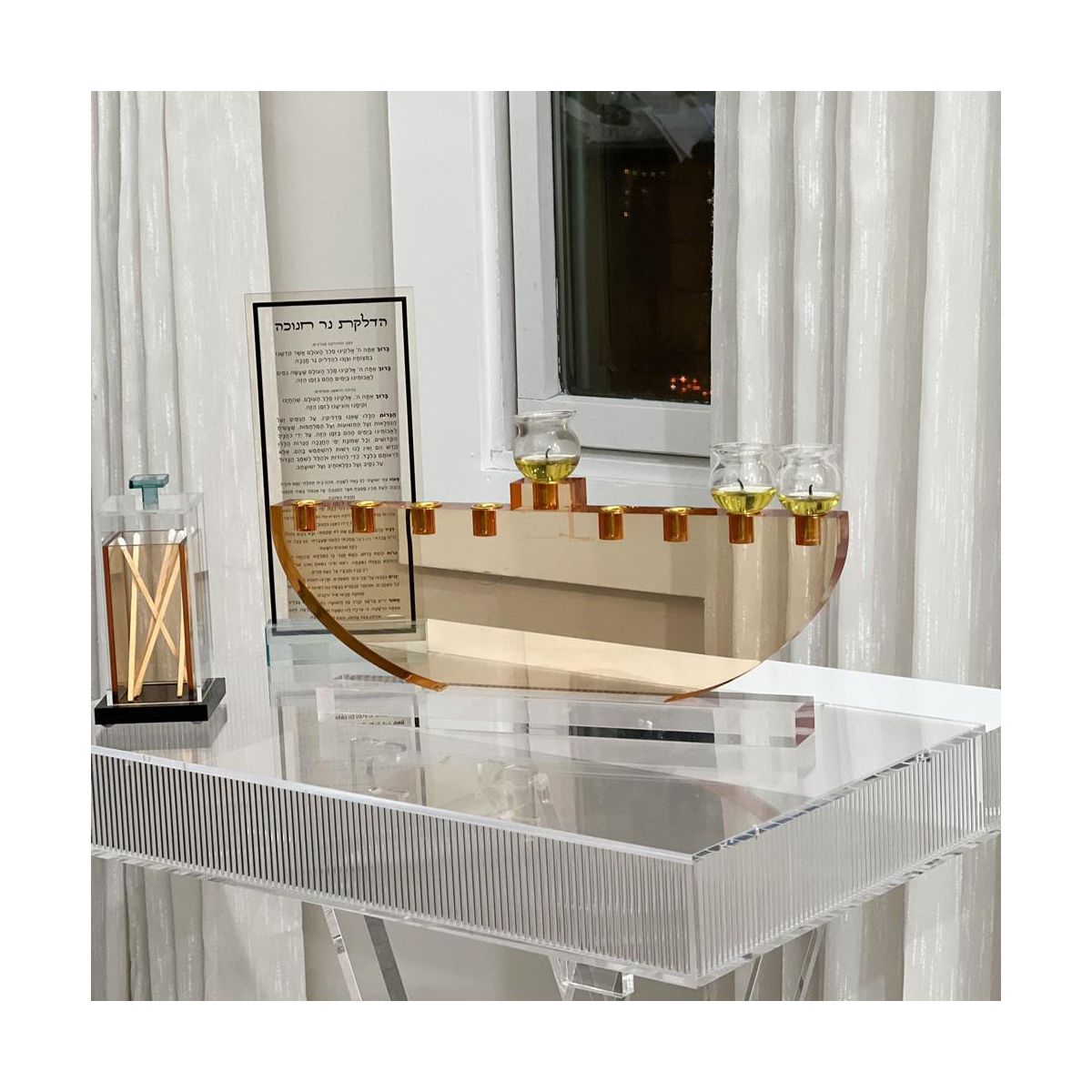Amber Lucite Menorah, Elegant Modern Hanukkah Candle Holder for Judaica Décor - thumbnail 3