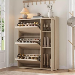 Wooden Shoe Cabinet with 3 Filp Drawers, 2-Tier Slim Shoe Rack with Adjustable Shelf,Narrow Freestanding Shoe Storage Organizer for Entryway, Hallway - 1 of 4