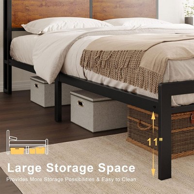 Queen Black Metal Platform Bed with Storage Headboard and MDF Panels
