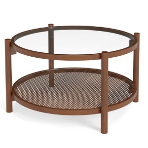 Costway Wooden 31" Round Coffee Table with Tempered Glass Top Handmade Rattan Shelf - 1 of 4