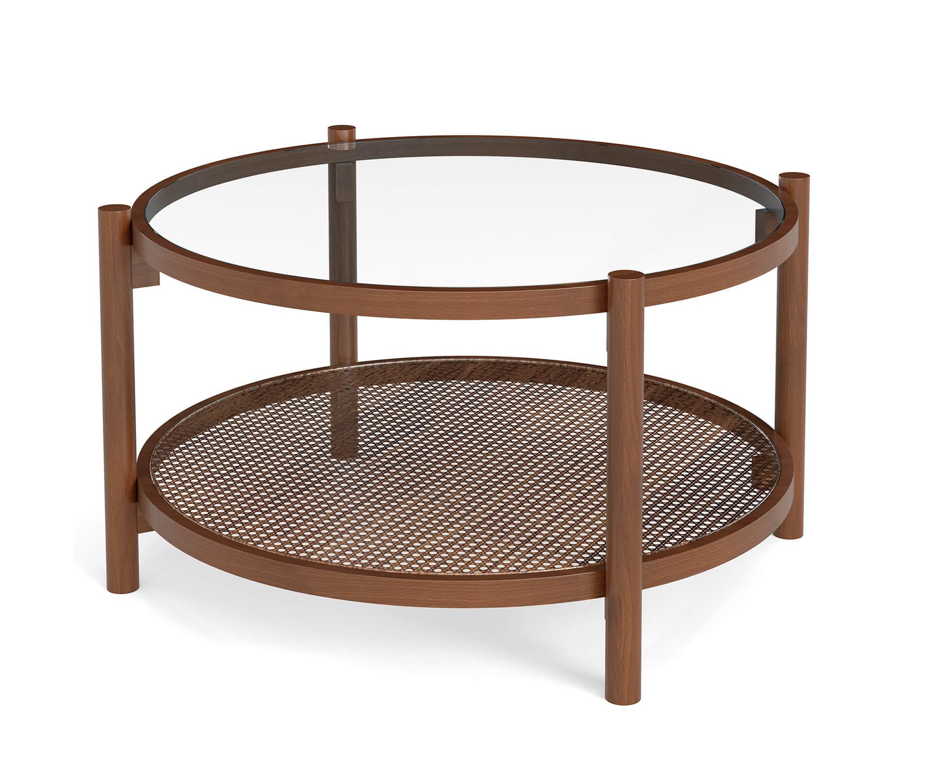 Costway Wooden 31" Round Coffee Table with Tempered Glass Top Handmade Rattan Shelf