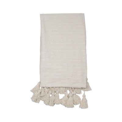 White Hand Woven 50 x 60 inch Cotton Throw Blanket with Hand Embroidered Chenille Knots and Hand Tied Tassels - Foreside Home & Garden