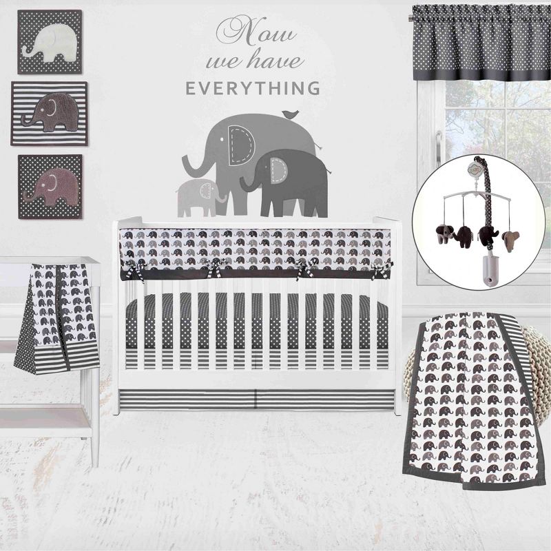 Bacati - Elephants White/Gray 10 pc Crib Bedding Set with Long Rail Guard Cover, 1 of 13