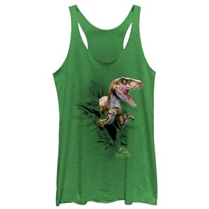 Women's Jurassic Park Danger Velociraptor Tearing Through Racerback Tank Top - 1 of 3
