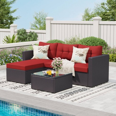 3pc Steel Wicker Outdoor Conversation Set With Square Coffee Table Cushions Red Captiva Designs Target