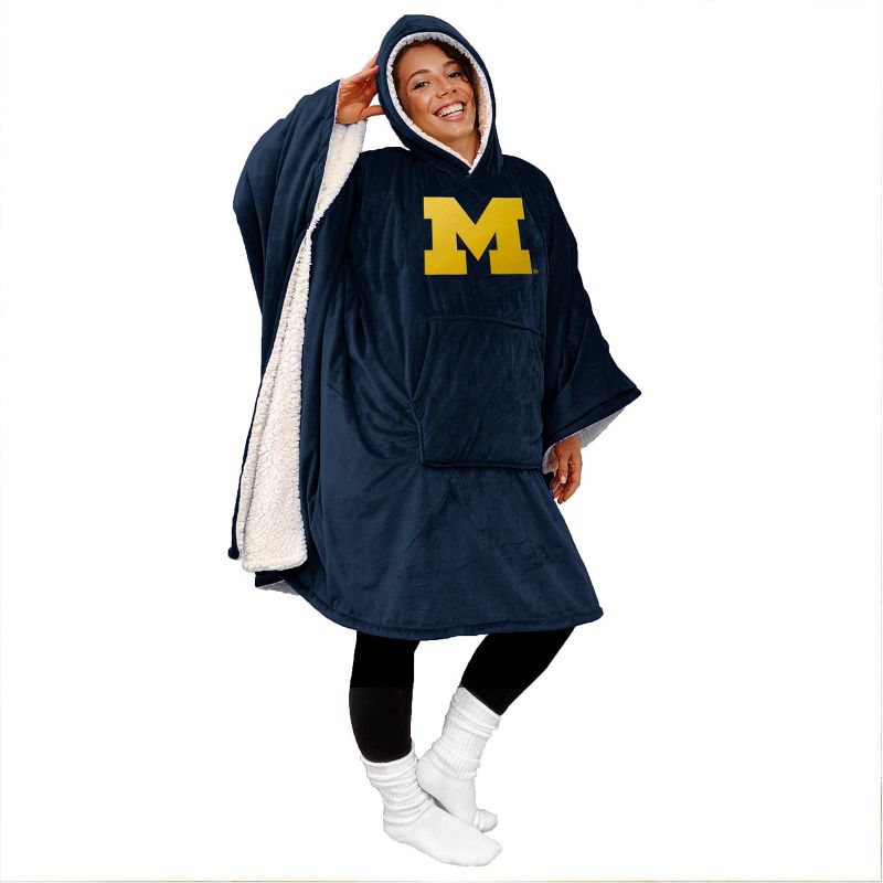 NCAA Michigan Wolverines Team Color Bloncho with Logo Patch and Faux Shearling Inside Throw Blanket, 1 of 4