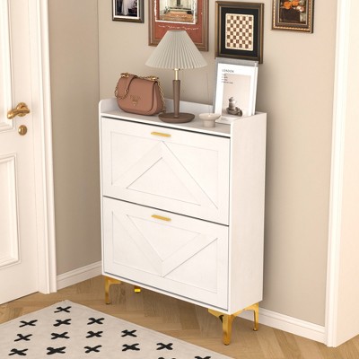 Halitaa Shoe Cabinet with 2 Flip Drawers& Open Shelves,Modern Entryway Shoe Storage Cabinet, SlimNarrow Hidden Shoe Rack