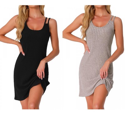 INSPIRE CHIC Women's 2 Pcs Sleeveless Crew Neck Ribbed Knit Nightgown Double Strap Chemise