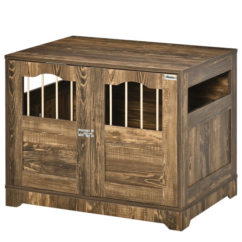 PawHut Wooden Dog Kennel, End Table Furniture with Lockable Door, Small & Medium Size Pet Crate Indoor Puppy Cage, Brown, 4 of 7