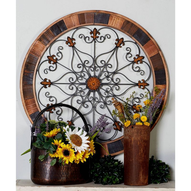 Wood Scroll Arabesque Wall Decor with Metal Fleur De Lis Relief Brown - Olivia &#38; May, 4 of 20