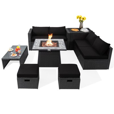 Tangkula 9 Pieces Outdoor PE Rattan Wicker Sectional Sofa with 35" Gas Fire Pit Table Space-Saving Patio Conversation Set with Storage Box Black/Grey/Navy/Red/Turquoise/Off White