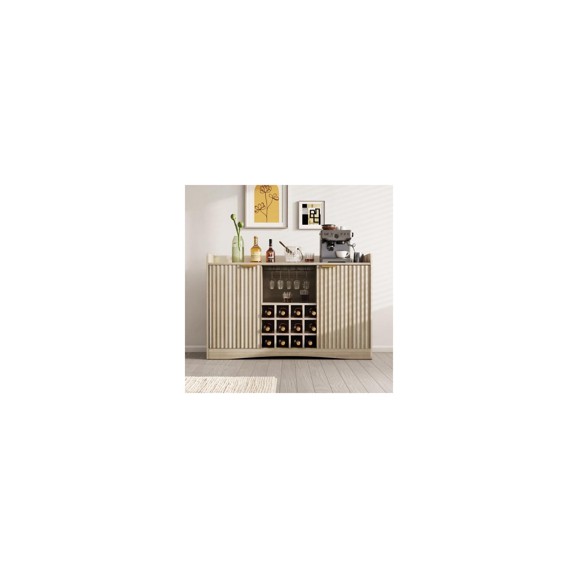 47'' Fluted Wine Bar Cabinet with 9 Glass Holder and 12 Wine Racks - Liquor & Coffee Bar Cabinet with Storage for Home - Large Sideboard with 2 Doors