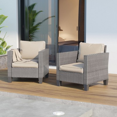 Sonkuki Outdoor 2 PCS Patio Rattan Furniture Set 2 Rattan Chair W/Soft Cushions