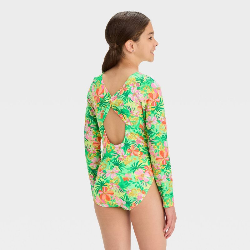 Girls&#39; Summer Tropics Floral Printed One Piece Rash Guard Swimsuit - art class&#8482;, 2 of 4