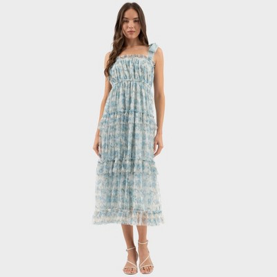 August Sky Women's Mock Tie Shoulder Straps Tiered Floral Midi Dress