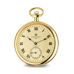 Black Bow Jewelry Charles Hubert IP-pltd Stnlss Stl Open Face Gold Dial Pocket Watch - 1 of 3
