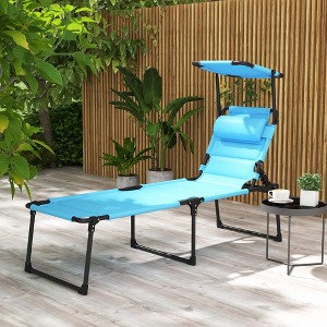 LOVSON Outdoor Lounge Chair, Adjustable Backrest Folding Chaise Lounge, Cushioned Tanning Chair w/Sunshade Roof for Beach, Camping, Light Blue - 1 of 4