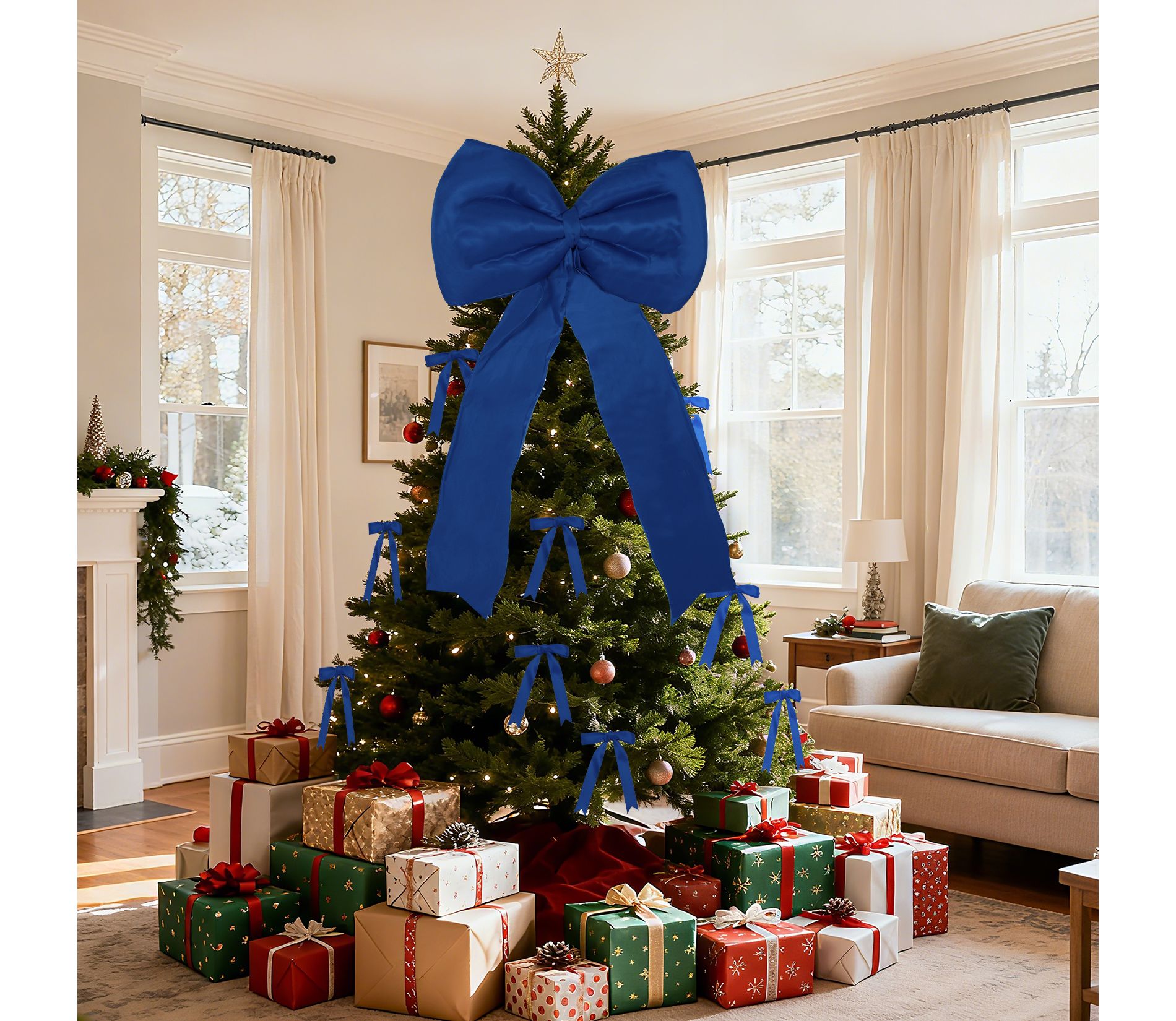 25 PCS Decorative Set for Xmas Tree, Christmas Tree Satin Topper Bow，and 24 Short Ribbon Bows, Garland, Indoor Outdoor Christmas Ornaments