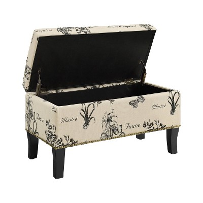 Stephanie Botanical Linen Fabric Storage Ottoman Bench, Beige