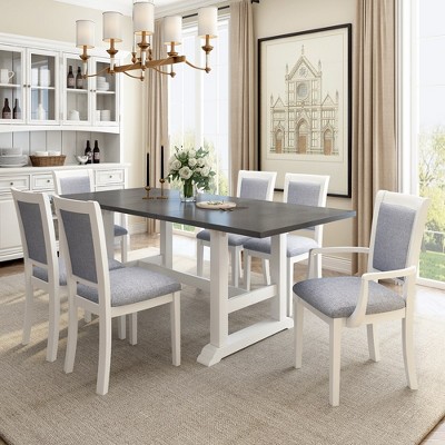 7-Piece Dining Table Set With Removable Leaf, Extendable Trestle Kitchen Table Set With 4 Upholstered Side Chairs, 2 Arm Chairs For Dining Room