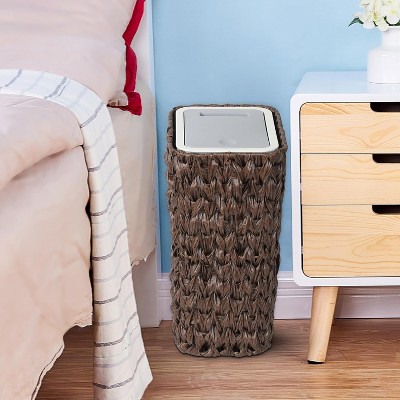 Vynxaria Bathroom Small Trash Can with Lid, 2.6 Gallon Rattan Wastebasket with Press Top, Slim Wicker Design for Kitchen, Office, Living Room, Bedroom
