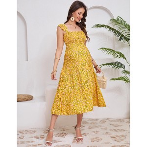 Womens Maternity Dress Summer Sleeveless Smocked Square Neck Ruffle Casual Boho Midi Dress Baby Shower Photoshoot - 1 of 4