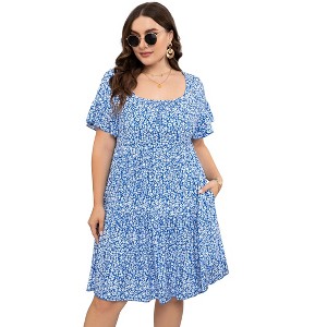 Clearlove Plus Size Dress Women's Plus Size Floral V-Neck Dress Short Sleeve Knee Length A-line Mini Dresses - 1 of 4