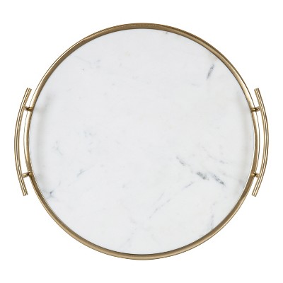 White Marble and Gold Round Metal Tray with Handles