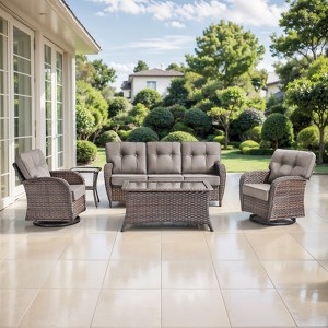 Belord 5 Pieces Patio Furniture Set with 5" Thick Cushions, Wicker Patio Set with Swivel Gliding Rocker Chairs, Sofa, Coffee Table and Accent Table - 1 of 4