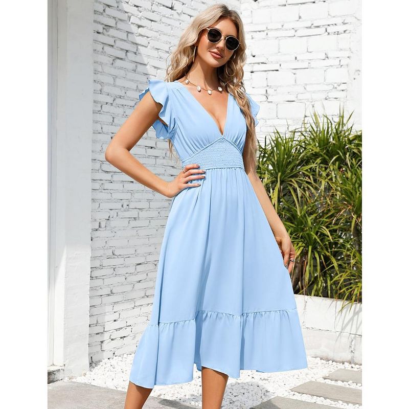 WhizMax Summer Women's V Neck Short Sleeve Dress High Waist A line Dress Flowy Ruffle Shirred Swing Midi Dresses, 4 of 9