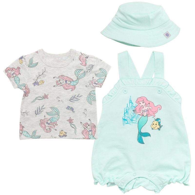 Disney Princess Ariel Baby Girls French Terry Short Overalls T-Shirt and Hat 3 Piece Outfit Set Newborn to Infant, 1 of 10